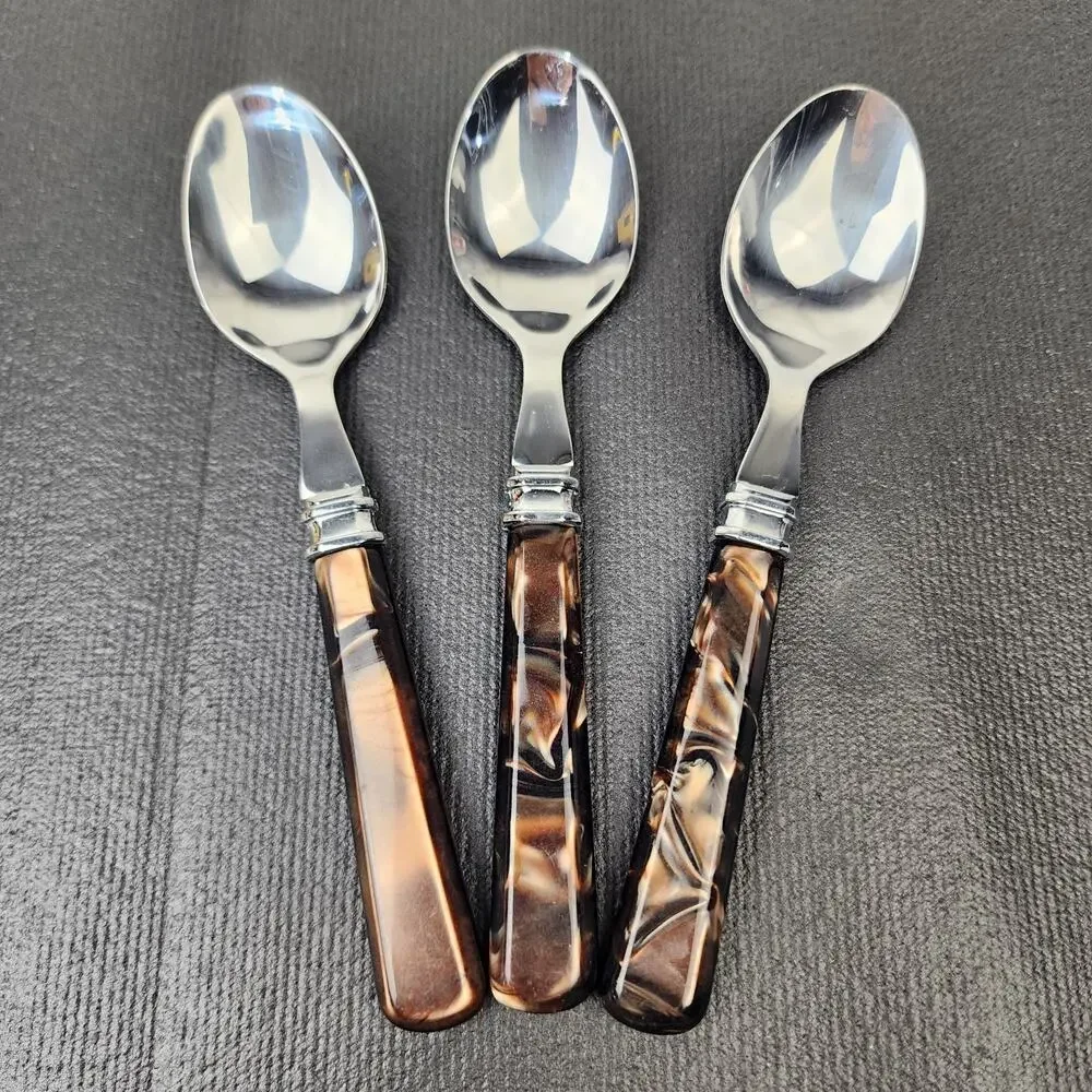 3 MIKASA 18/0 Tortoise Handle Flatware Brown Acrylic Handle Teaspoons 6.5